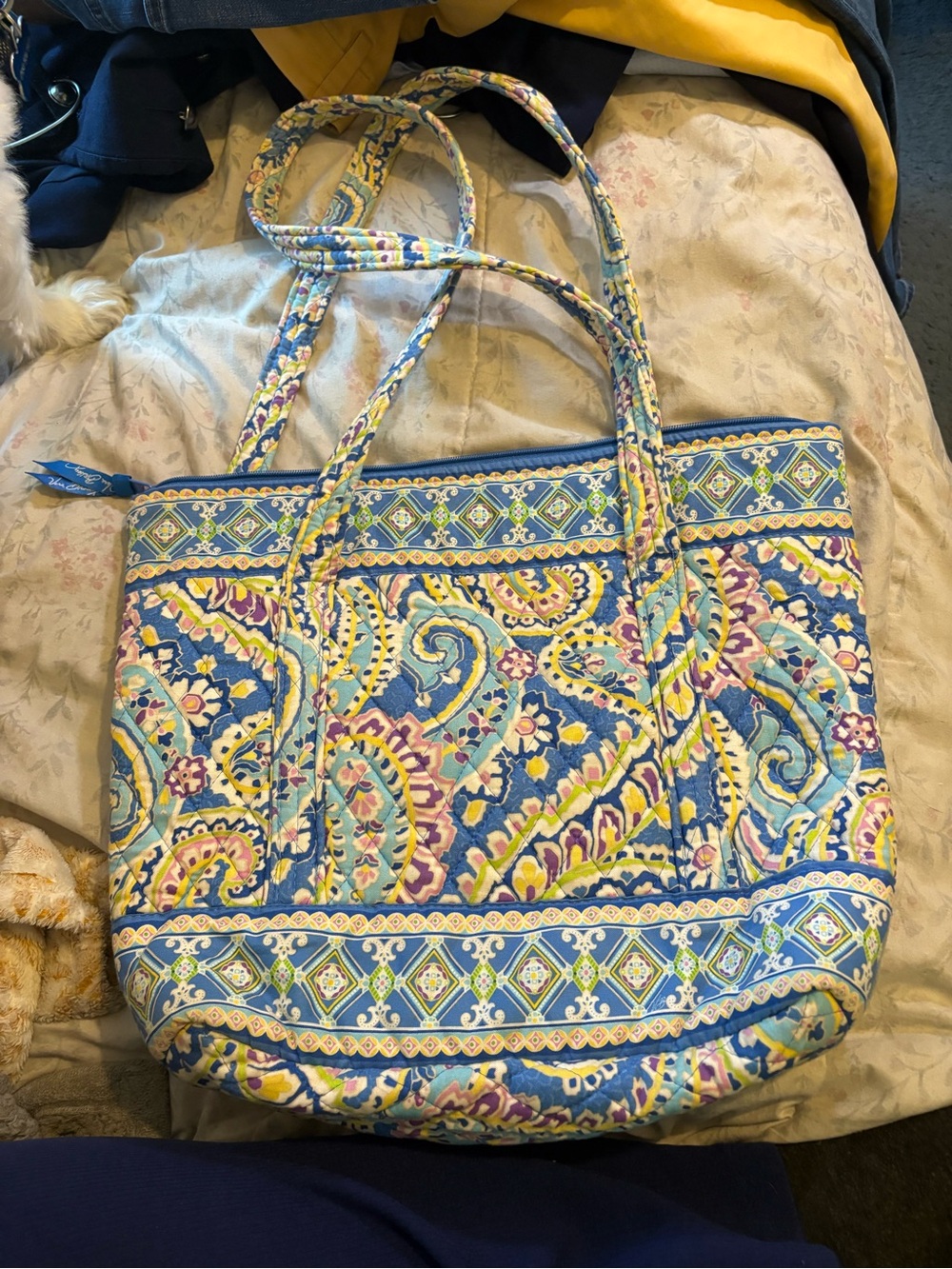 Vera Bradley Blue Paisley Quilted Tote Bag Large Zip Top Shoulder Handbag - Picture 3 of 7